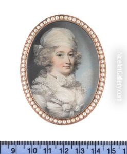 A Lady, Wearing White Dress With Fichu, Ribbon Bow At Her Bust, Frilled Lace Puffs At Her Shoulders And Strand Of Pearls Across Her Bust