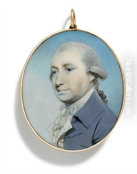 A Gentleman In Blue Coat White Waistcoat, Frilled Cravat And Powdered Hair - view 1