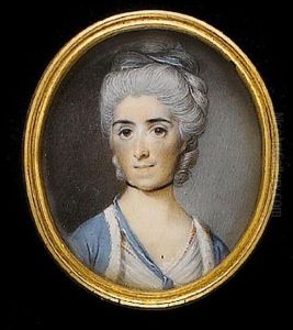 A Lady, Wearing Blue Open Robe With White Fur Trim Over White Chemise, Her Powdered Hair Upswept And Dressed With Blue Ribbon