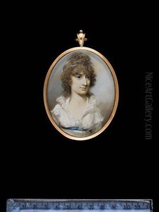 A Lady, Wearing White Dress With Blue Sash And Frilled Collar, Frilled Lace Underslip And Shoulder Caps, Her Brown Hair Curled And Worn Long, Dressed With Fine White Ribbon by George Engleheart