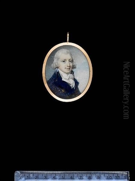 A Gentleman, Wearing Blue Coat With Brass Buttons, White Waistcoat And Tied Stock, His Hair Powdered - view 1