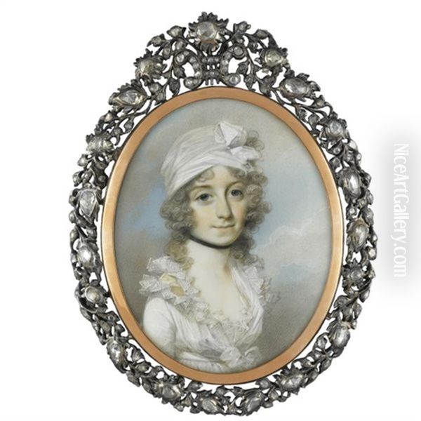 Portrait Of Lady In A White Dress Trimmed With Yellow, And A White Turban - view 1