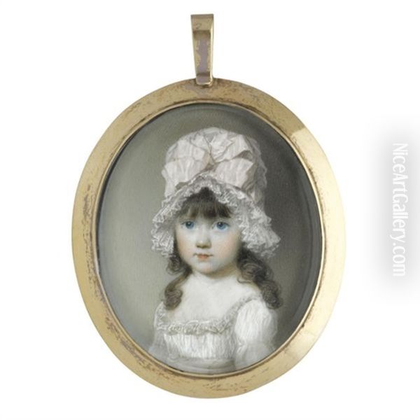 Portrait Of A Young Girl In A White Dress And Pink Bonnet - view 1