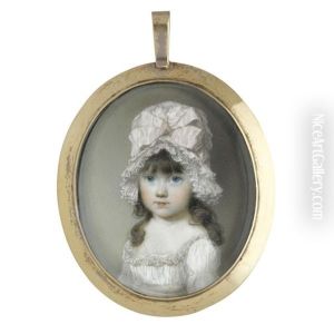 Portrait Of A Young Girl In A White Dress And Pink Bonnet by George Engleheart
