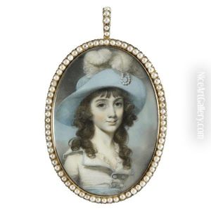 Portrait Of A Lady Wearing A White Dress With Blue Edging, And A Large Blue Hat With Ostrich Plumes by George Engleheart