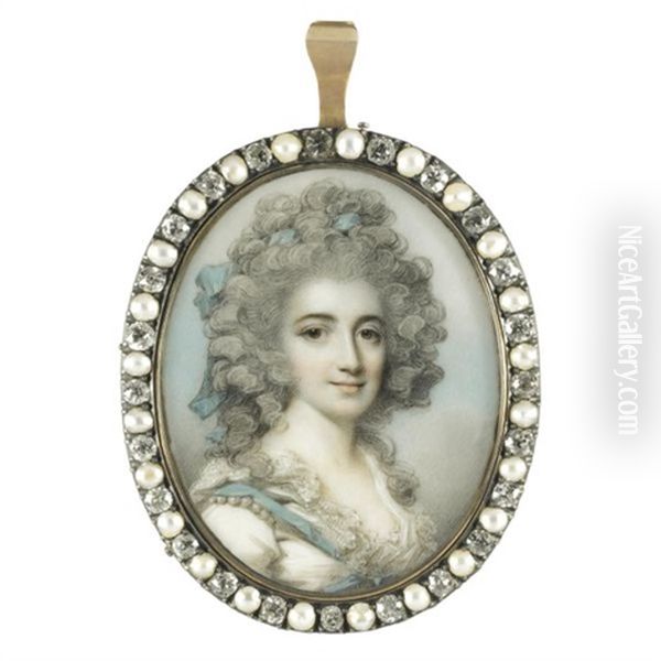 Portrait Of Harriet Paxton, Nee Gyll, Wearing A White Dress Adorned With Pearls And Blue Ribbons - view 1