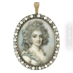 Portrait Of Harriet Paxton, Nee Gyll, Wearing A White Dress Adorned With Pearls And Blue Ribbons by George Engleheart