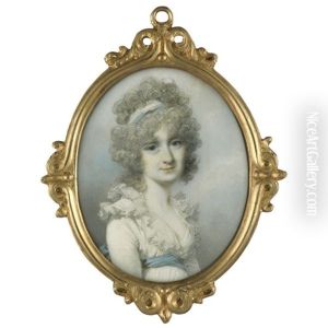 Portrait Of A Lady Wearing A White Dress And Blue Sash, Her Hair Bound With A Blue-white Bandeau by George Engleheart