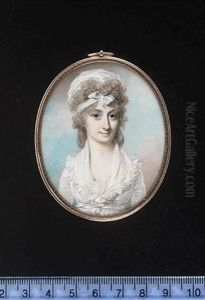 A Young Lady Wearing White Dress With Lace Trim, Fichu With Frilled Edge And White Turban Tied At The Front In A Bow In Her Powdered Banging Chignon by George Engleheart