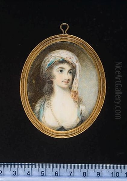 A Lady Wearing White Dress Adorned With Blue Ribbon And White Turban With Gold Decoration And Tassels In Her Powdered Hair - view 1