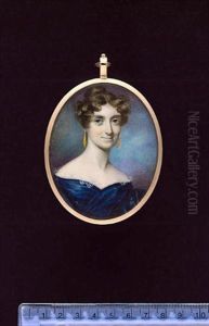 Lady Cavan, Wearing Blue Dress With Lace-trimmed Collar, Drop Gold Earrings, Her Brown Hair Curled