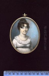 A Lady, Wearing White Dress With Lace Collar, Lace-trimmed Shoulder Caps And Dark Grey Ribbon Waistband, Pearl Necklace And Two Strands Of Pearls In Her Upswept And Curled Dark Hair