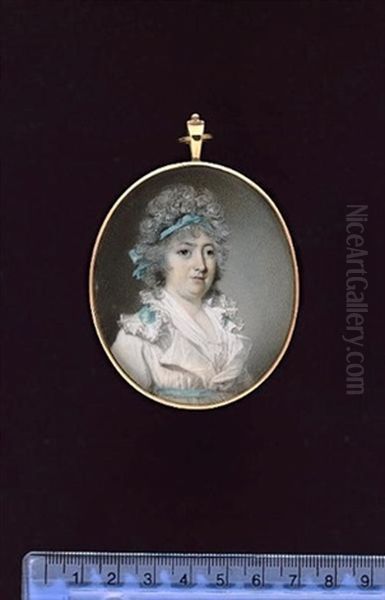 Mrs David Garrick, Nee Mlle Eva Maria Violetti Veigel, Wearing White Dress With Large Frilled Collar, Trimmed With Blue Ribbon, Matching Waistband And Ribbon In Her Powdered Hair - view 1