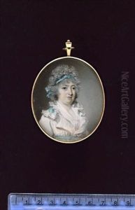 Mrs David Garrick, Nee Mlle Eva Maria Violetti Veigel, Wearing White Dress With Large Frilled Collar, Trimmed With Blue Ribbon, Matching Waistband And Ribbon In Her Powdered Hair by George Engleheart
