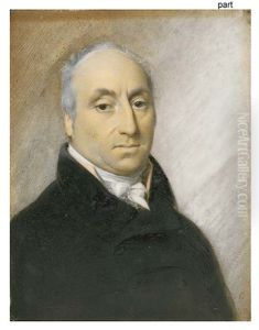 Sir Christopher Robinson, In Black Coat, Pale Peach Waistcoat, And White Knotted Cravat (+ Lady Robinson Nee Catharine Nicholson, In Navy Blue Dress With White Lace Trim, 1812; Pair) by George Engleheart