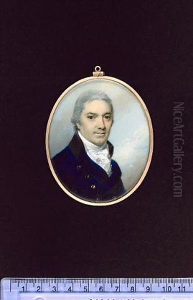 A Gentleman Wearing Blue Coat With Black Collar, White Waistcoat, Frilled Chemise And Tied Cravat, His Hair Powdered - view 1