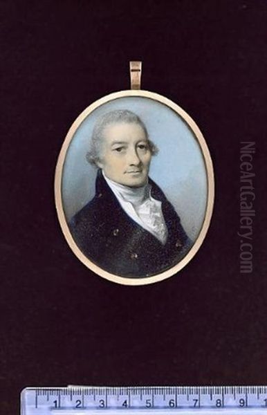 Portrait Of A Husband Wearing Blue Coat, White Waistcoat, Frilled Chemise And Stock, His Hair Powdered (+ Portrait Of His Wife Wearing White Dress With Gauze  And Ruff Collar; Pair) - view 1
