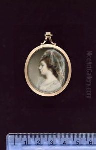 A Lady Wearing Lace-edged White Dress, String Of Pearls At Her Neck, Blue Ribbon In Her Upswept Brown Hair, Covered By A Veil Embroidered With Gold Flowers by George Engleheart