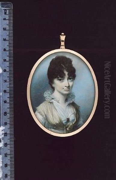 Eliza Scott (nee Jervis), Wearing White Dress With High Lace Collar, Held At Her Corsage With A Jewelled Brooch, Pale Yellow Shawl Around Her Shoulders, A Pearl Comb In Her Upswept Dark Brown Hair - view 1