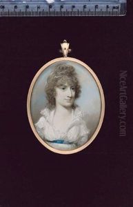 A Lady, Wearing White Dress With Frilled Collar And Sleeves And Blue Waistband, White Ribbon In Her Brown Curled Hair A Lady, Wearing White Dress With Frilled Collar And Sleeves And Blue Waistband, White Ribbon In Her Brown Curled Hair