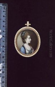 A Lady, Profile To The Right, Wearing White Dress With Striped Pale Blue Ribbon Trim Tied In A Bow At Her Corsage, Blue Robe Trimmed With Black Fur, Pink Shawl Over Her Left Shoulder, Pearl Necklace