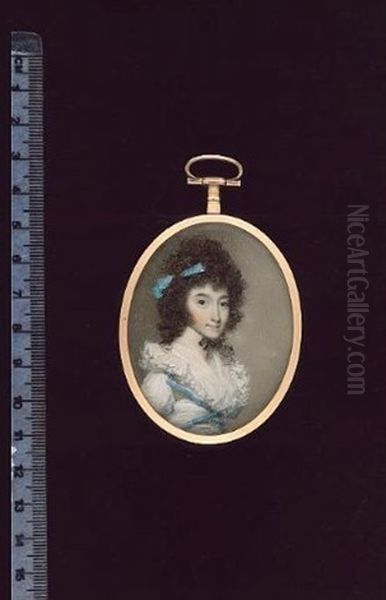 Mrs Eleanor Birch, Wearing White Dress With Starched, Frilled Collar, A Blue-trimmed Short Jacket With Button, Matching Blue Ribbon In Her Dark Curled Hair, A Black Ribbon Choker At Her Neck - view 1
