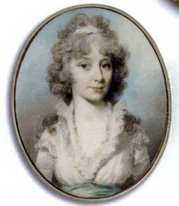 A Young Lady, In White Dress With High Frilled Collar, Pale Blue Sash, Drop Pearl Earring, White Bandeau In Her Long Powdered Curling Hair by George Engleheart