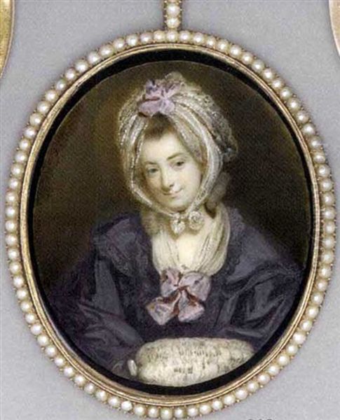 Catharina Schindlerin With Her Hands In A Fur Muff, In Black-lace Bordered Cloak, White Fichu Tied With Large Pink Bow At Corsage, White Lace Cap With Pink Bow Tied Under Her Chin - view 1