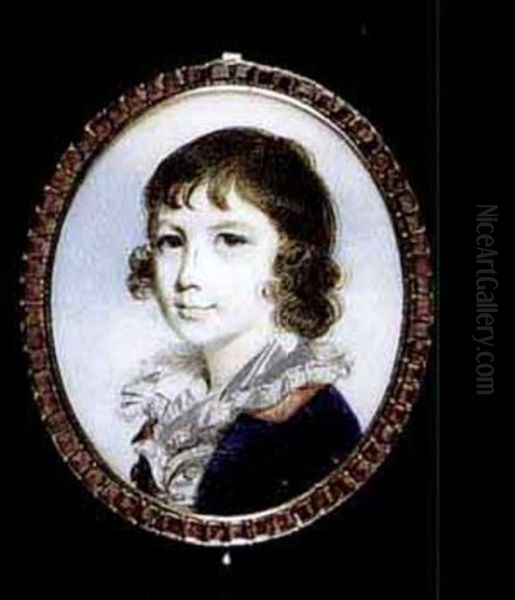 A Young Boy Wearing Blue Coat With Red Collar, White Shirt With Frilled Collar, His Brown Hair Worn Long - view 1