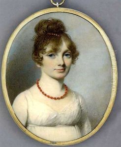Helen Malcolm, In White Dress, Cabouchon Set Ruby And Gold Necklace And Matching Hairslide In Her Upswept Curling Brown Hair