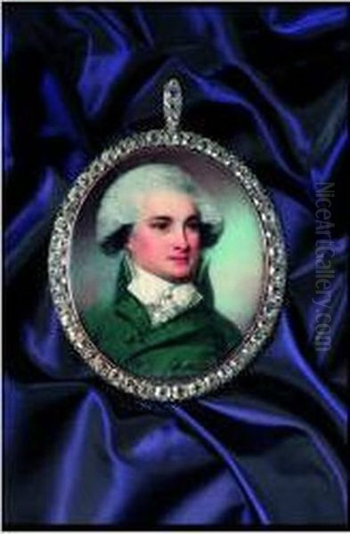 Gentleman Wearing High Collared Viridian-green Coat, White Waistcoat And Tied Cravat, His Hair Powdered - view 1