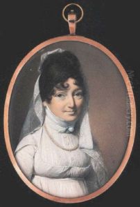 A Lady Wearing White Dress With Buttoned Embroidered Fill-in, Tied White Stock And Pearl Necklace, Her Dark Hair Upswept, Curled And Dressed With White Veil
