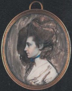 Portrait Of A Lady, Her Hair Piled High, Wearing Decollete Dress, Blue Ribbon Choker And Gold Hoop Earring