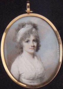 Zepherina Veitch In A White Dress With Sash, Wearing A Bandeau In Her Powdered Curling Hair, Sky Background