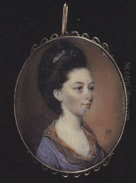 A Lady Wearing Mauve Dress With Ochre-coloured Patterned Fichu, Her Brown Hair Upswept With A Mauve Ribbon - view 1