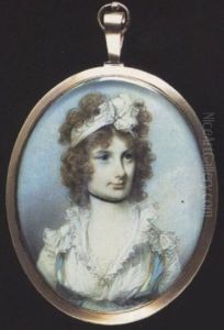 Elizabeth Shergold Wearing White Bandeau In Her Curled Hair, Decollete White Dress With Frilled Collar And Ribbon, A Black Ribbon Choker On Her Neck