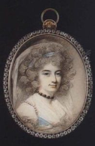 Portrait Of Mrs. Mills, The Actress, Wearing White Veil And Striped Blue And White Ribbon In Her Full Powdered Hair, White Dress...