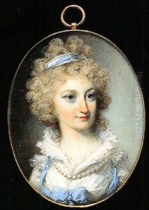 Portrait Of Anne Papillon In White Dress Trimmed With Blue Ribbon, Frilled Collar, And A String Of Pearls At Her Neck