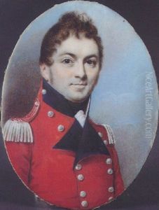 Colonel Otto William Offeney, With Short Brown Hair, Wearing A Red Uniform With Blue Facings And White Lace, Sky Background