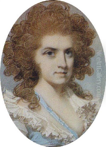 A Lady Wearing Frilled Decollete White Dress With Pale Blue Trimming And Matching Ribbon Across Her Chest - view 1