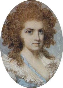 A Lady Wearing Frilled Decollete White Dress With Pale Blue Trimming And Matching Ribbon Across Her Chest