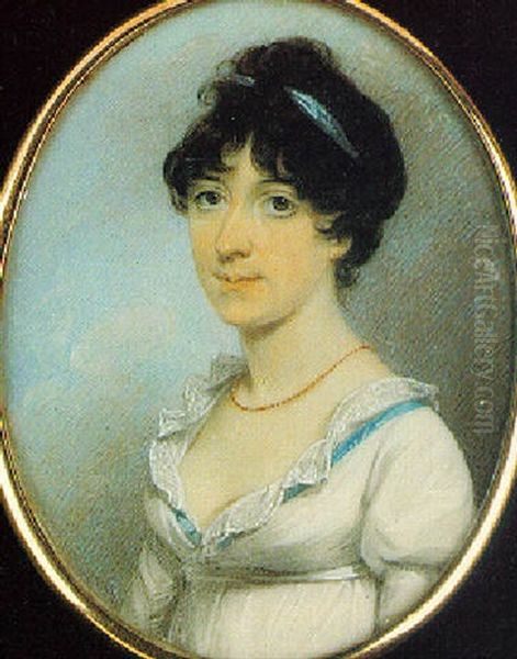 Mrs. Louisa Turner Wearing Decollete White Dress Trimmed With Blue Ribbon - view 1