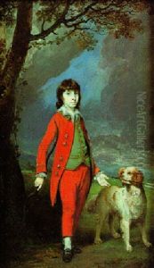 A Portrait Of Sir Lumley St. George Skeffington Bart. The Dramatist, As A Child, Wearing Scarlet Suit, By A Tree, With A Dog by George Engleheart