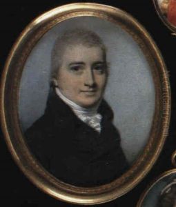 James Caple With Short Powdered Hair, Wearing A Black Coat  And A Knotted White Cravat, Sky Background