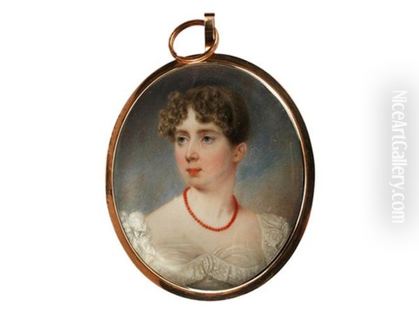 A Portrait Miniature Of A Lady, Wearing White Dress With Frilled Lace Trim To Her Bust And Sleeves And Coral Beaded Necklace, Her Blonde Hair Curled And Upswept - view 1