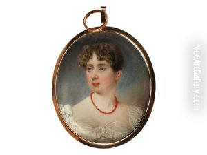 A Portrait Miniature Of A Lady, Wearing White Dress With Frilled Lace Trim To Her Bust And Sleeves And Coral Beaded Necklace, Her Blonde Hair Curled And Upswept