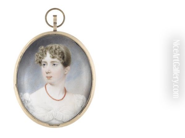 A Lady, Wearing White Dress With Frilled Lace Trim To Her Bust And Sleeves And Coral Beaded Necklace, Her Blonde Hair Curled And Upswept - view 1