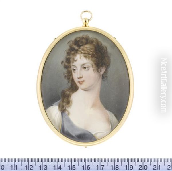 A Lady, Wearing Blue And White Dress, With Gold Trim, Her Hair Elaborately Curled And Upswept With A Double Braid, The Back Left Loose And Falling... - view 1