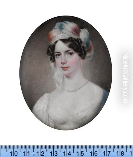 Mary Elizabeth Woodward, Wearing White Dress, Sky Blue Stole, Pearl Necklace And Pendent Earrings, Red, Blue And Maroon Tip-dyed Turban With White Plume, Her Dark Hair Upswept And Curled - view 1