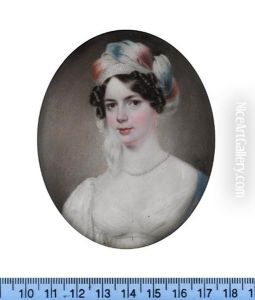 Mary Elizabeth Woodward, Wearing White Dress, Sky Blue Stole, Pearl Necklace And Pendent Earrings, Red, Blue And Maroon Tip-dyed Turban With White Plume, Her Dark Hair Upswept And Curled
